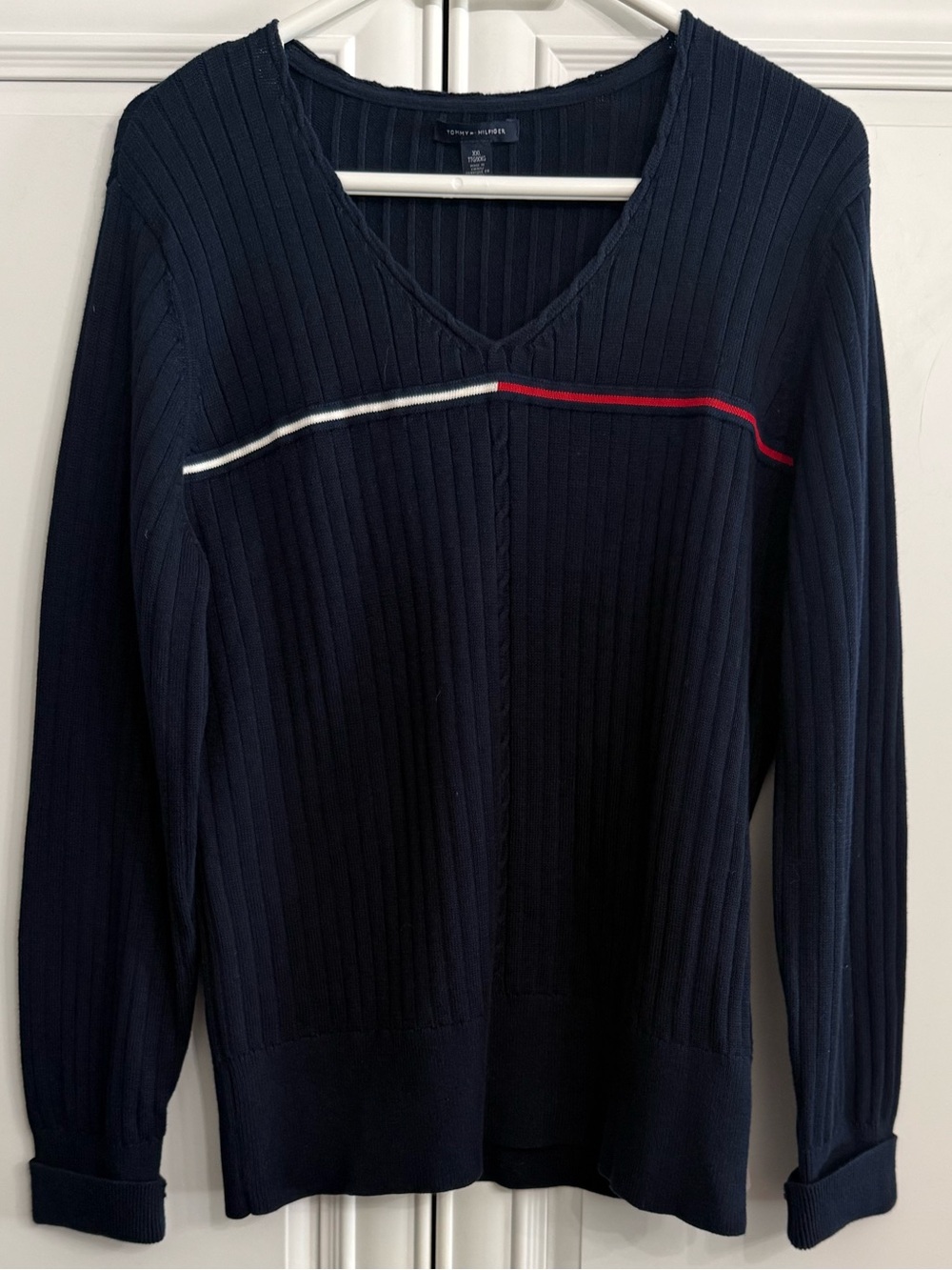Tommy Hilfiger Navy V-Neck Ribbed Sweater Red + White Stripe Long Sleeve EUC XXL